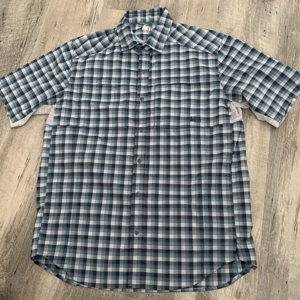 REI Outdoor Fishing Shirt Mens Medium Mesh Vented Blue Plaid Button Up Hiking